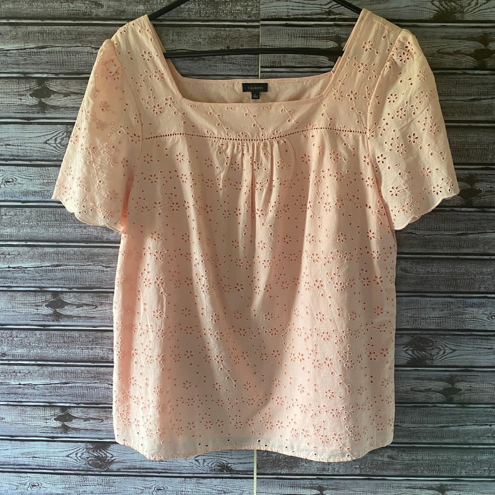 Talbots Women's Short-Sleeved Top Size L Light Pink Cutout Floral